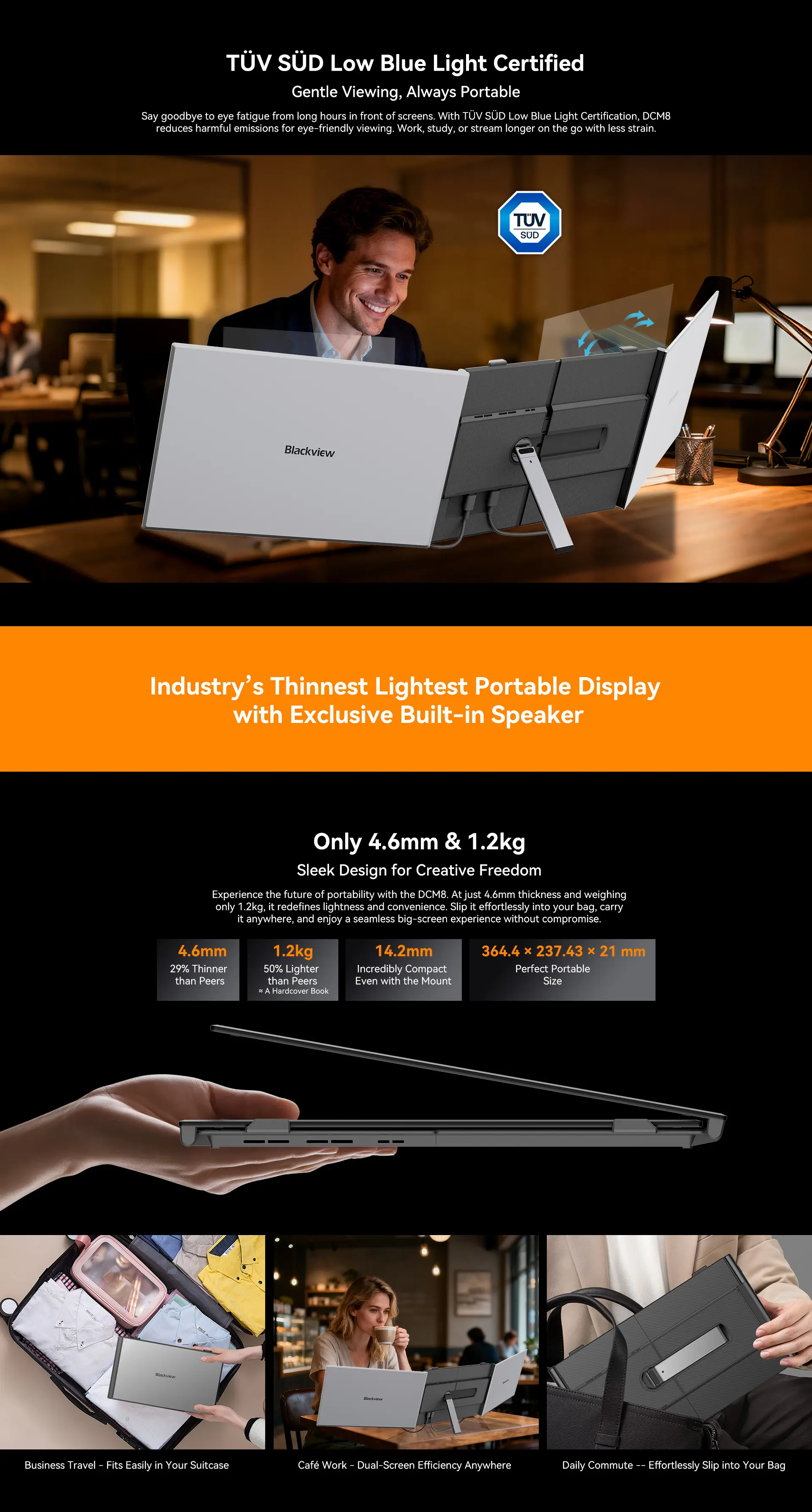Blackview DCM8 Dual Screen External Portable Display | Dual 15.3" Full HD+ (1920 x 1200) IPS 100% sRGB Display, 2 × USB-C (USB3.1, DP Alt Mode, PD3.0) 1 × USB-C (PD 3.0), 100W Reverse Charging, Single Box Speaker, Kickstand, Free Protective Case (1200gms) Price in Nepal Blackview DCM8 Desc 4 Price in Nepal