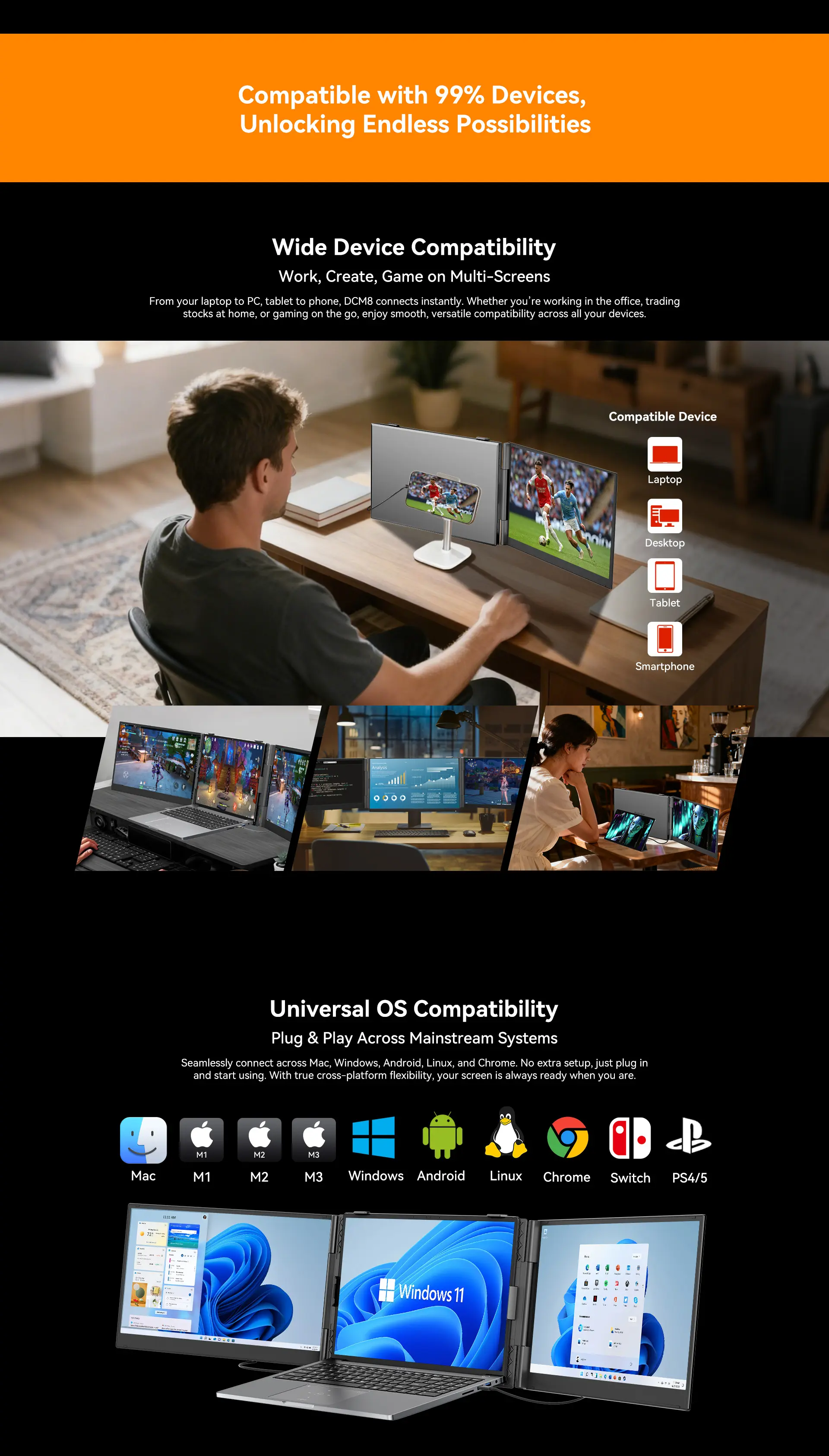Blackview DCM8 Dual Screen External Portable Display | Dual 15.3" Full HD+ (1920 x 1200) IPS 100% sRGB Display, 2 × USB-C (USB3.1, DP Alt Mode, PD3.0) 1 × USB-C (PD 3.0), 100W Reverse Charging, Single Box Speaker, Kickstand, Free Protective Case (1200gms) Price in Nepal Blackview DCM8 Desc 7 Price in Nepal
