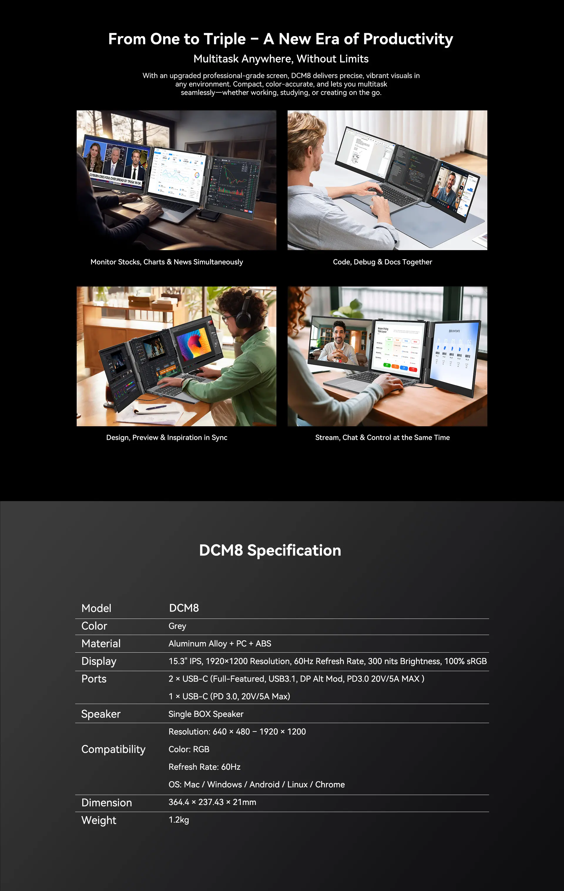 Blackview DCM8 Dual Screen External Portable Display | Dual 15.3" Full HD+ (1920 x 1200) IPS 100% sRGB Display, 2 × USB-C (USB3.1, DP Alt Mode, PD3.0) 1 × USB-C (PD 3.0), 100W Reverse Charging, Single Box Speaker, Kickstand, Free Protective Case (1200gms) Price in Nepal Blackview DCM8 Desc 9 Price in Nepal