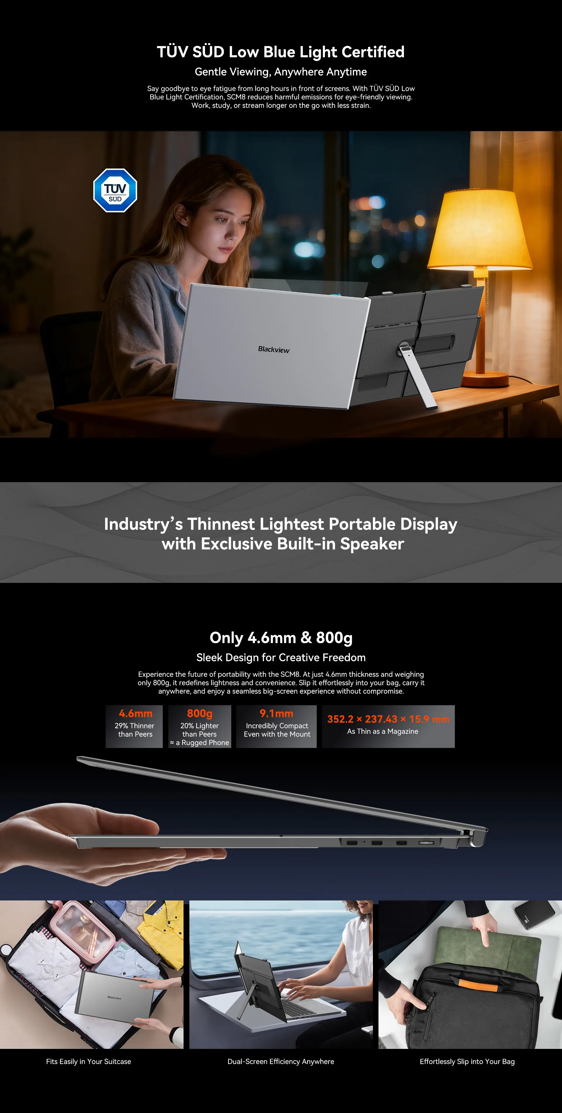 Blackview SCM8 Single Screen External Portable Display | 15.3" Full HD+ (1920 x 1200) IPS 100% sRGB Display, 2 × USB-C (USB3.1, DP Alt Mode, PD3.0) 1 × USB-C (PD 3.0), 100W Reverse Charging, Single Box Speaker, Kickstand, Free Protective Case (800gms) Price in Nepal Blackview SCM8 Desc 5 Price in Nepal