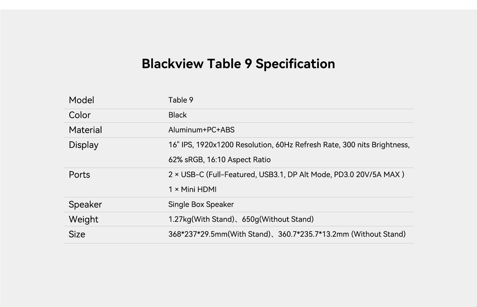 Blackview Table 9 Portable Monitor | Portable Display 16" Full HD + (1920 x 1200) IPS 60Hz , Single Box Speaker, With Stand (650gms) Price in Nepal Blackview Table 9 Desc 11 Price in Nepal